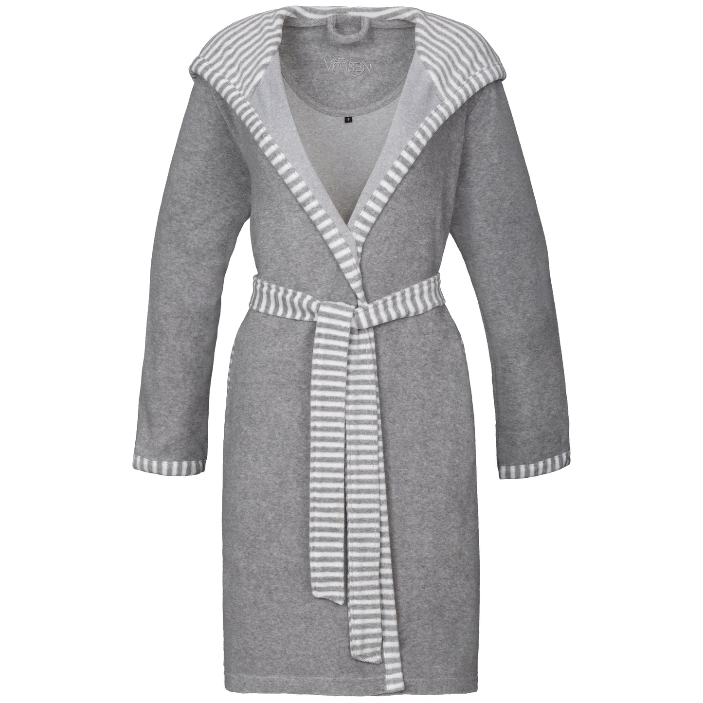 Vossen Juno – damesbadjas – Lichtgewicht 80% Katoen, 20% microfiber met comfortabele stretch eigenschappen – Met capuchon – Getailleerde pasvorm – Modern strependesign